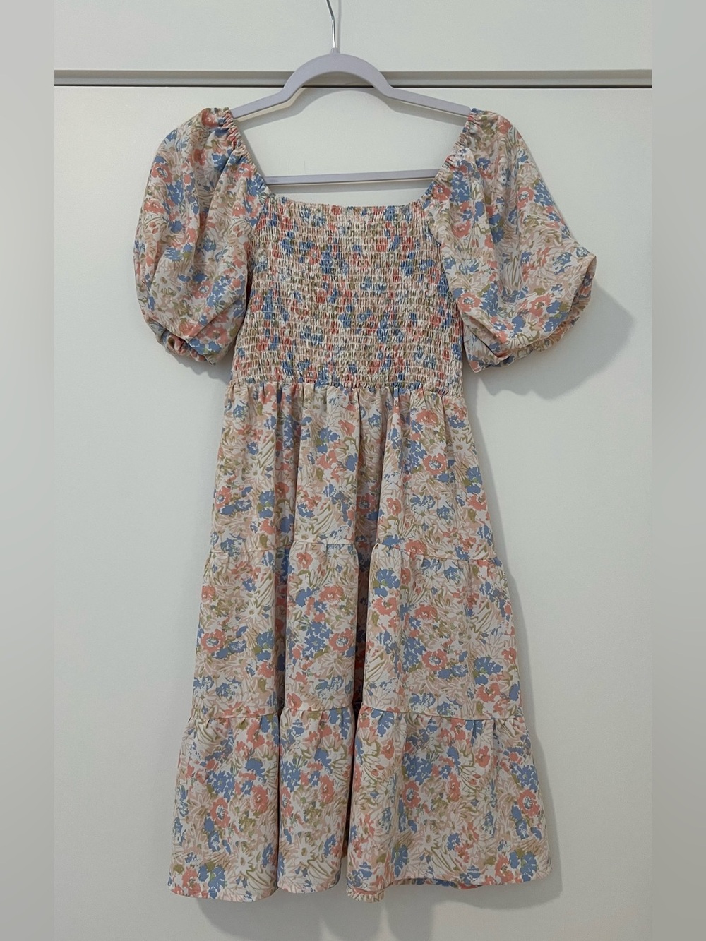 Floral Smocked Puff Sleeve Maxi Dress - Blue & Peach Floral